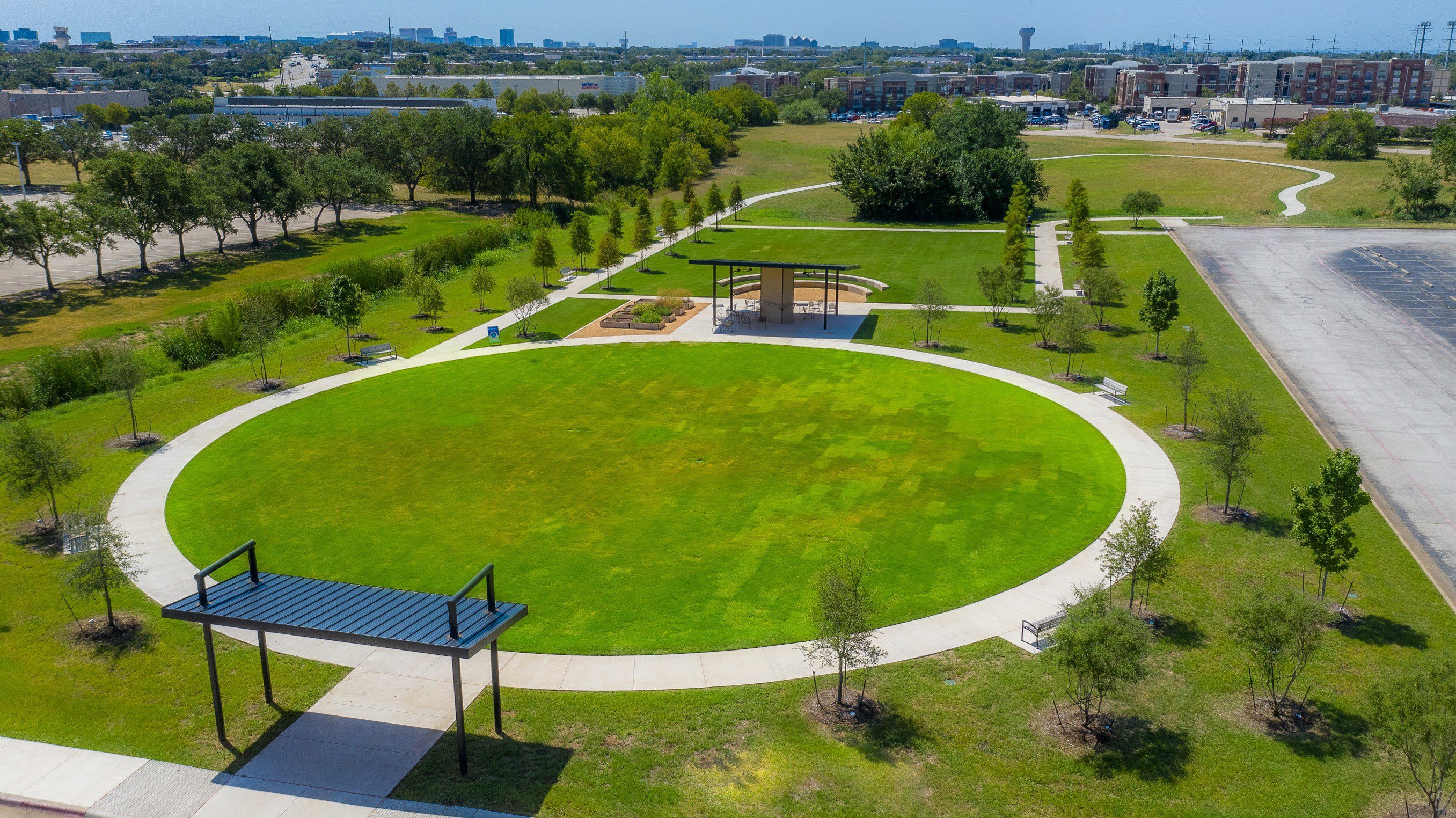 Aerial view of circular grassy urban park